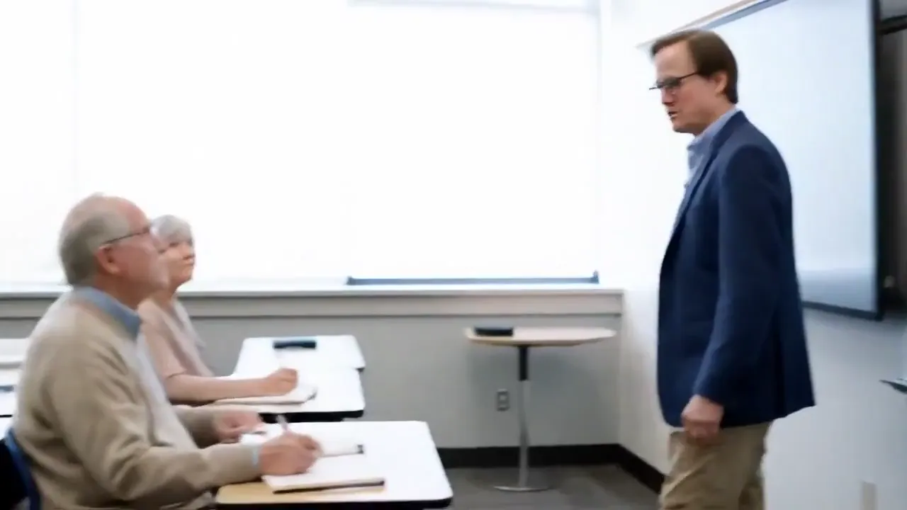 A college professor doing a class on Gen Z slang and the video pans over to all the boomers taking notes and seeming super interested #veo3
