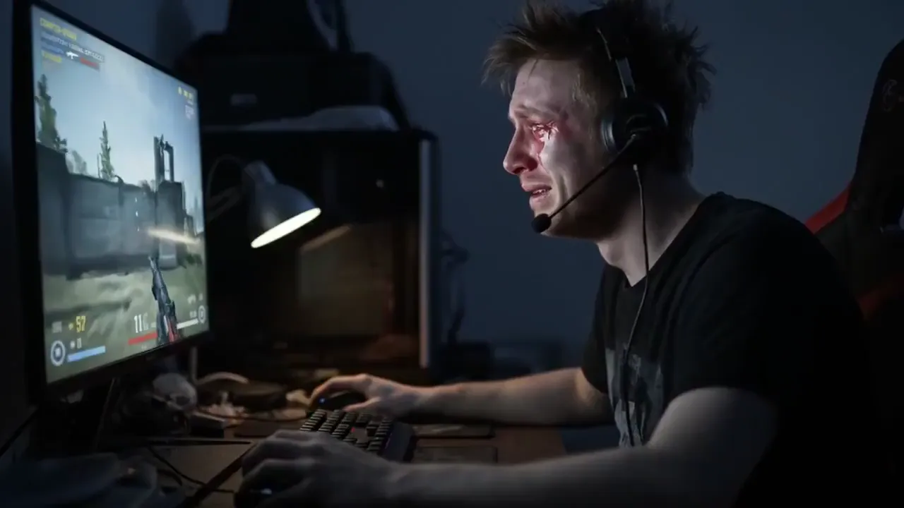 A man playing video games on his computer livestreaming but crying because there are no people left in the world #veo3