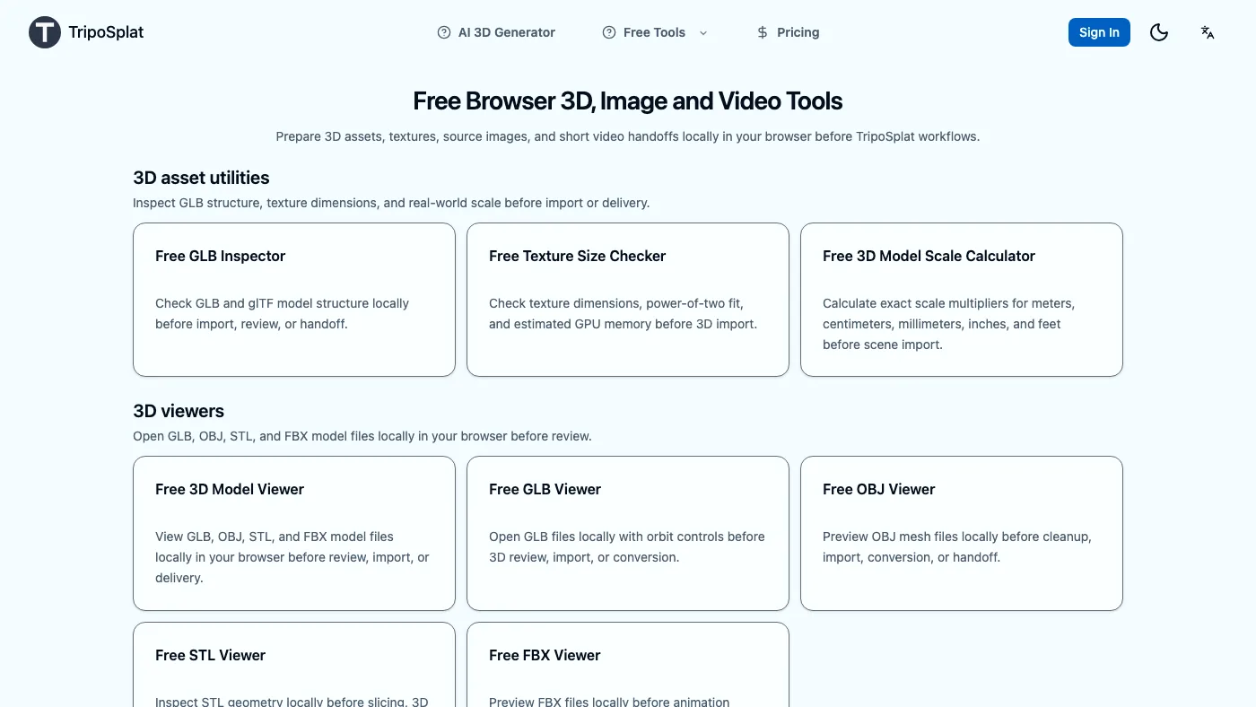 Browser-based TripoSplat asset tools workspace preview