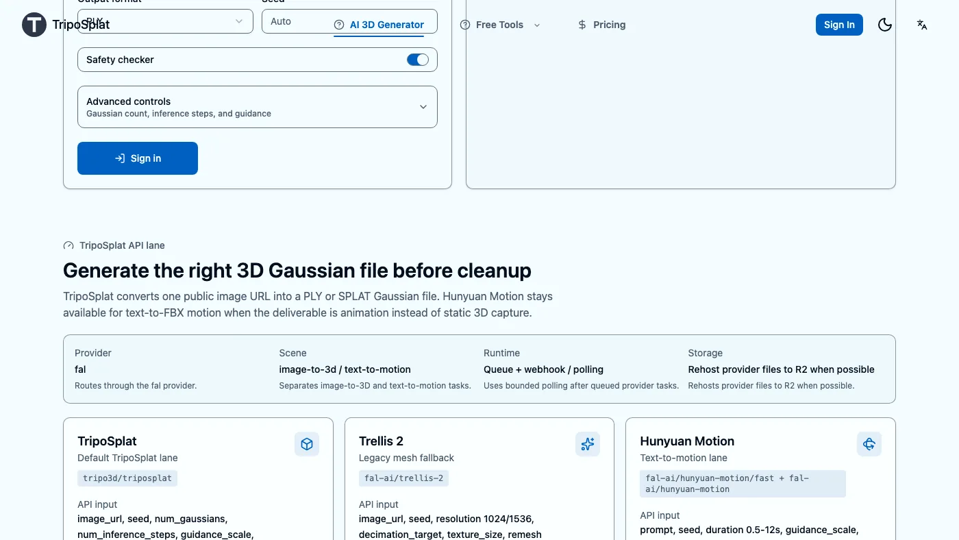 TripoSplat upload, generate, preview, and download workflow