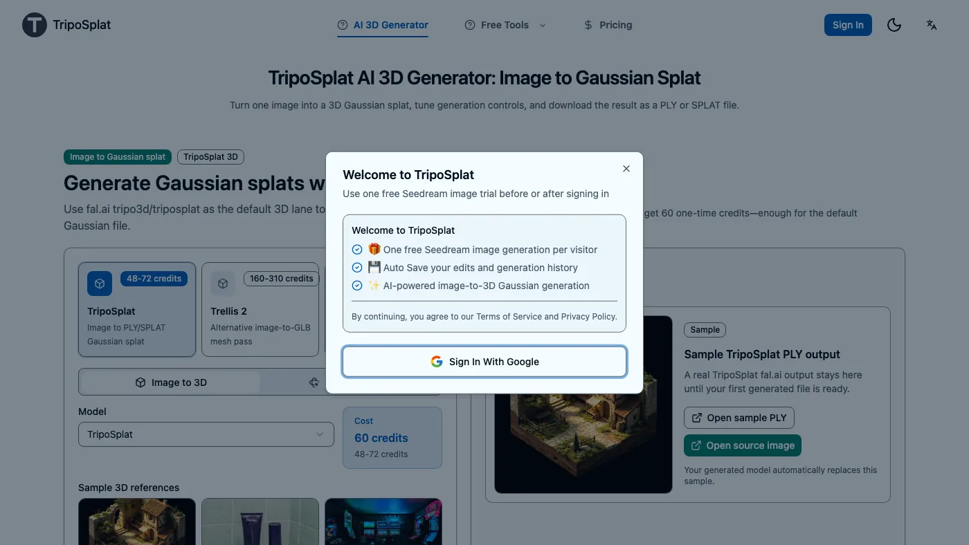 TripoSplat image-to-Gaussian-splat workspace preview